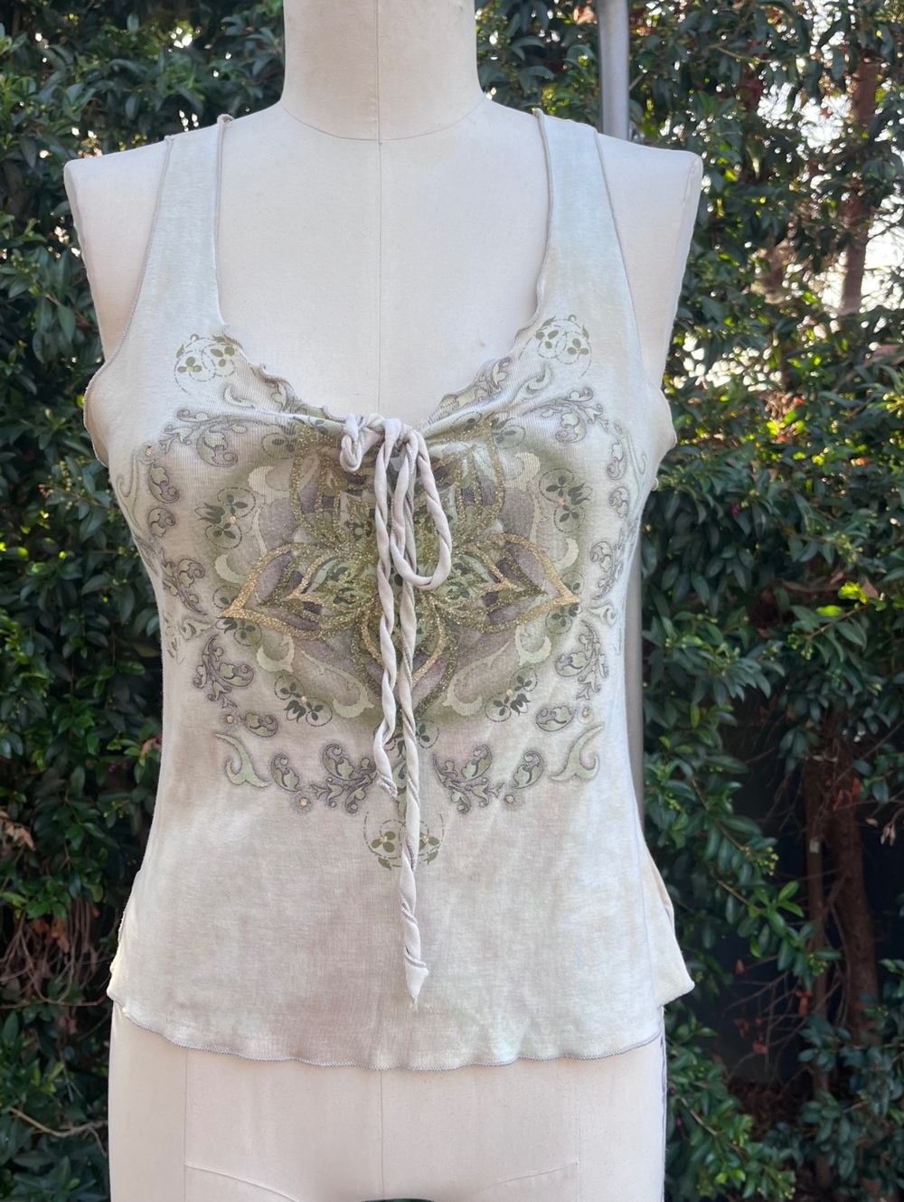 Vintage Y2K 90s Cream Tank Top Ornate Graphic Tie Front Boho Fairy Grunge Small